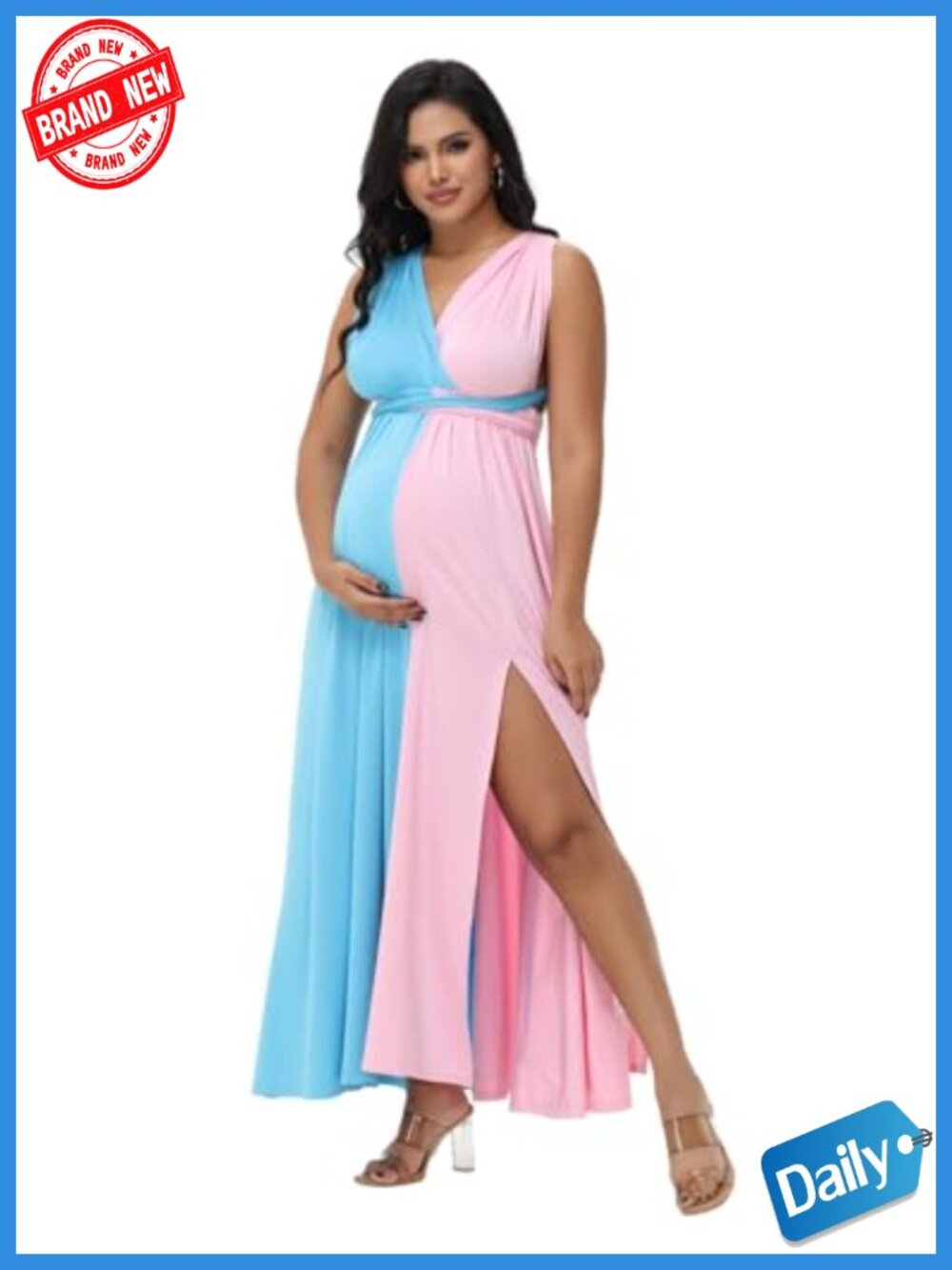 Maternity Colorblock Backless Multi-Way Dress for Photoshoot Baby Shower